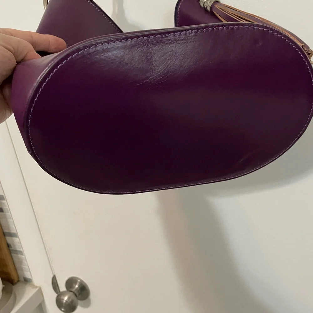 Genuine Leather Eggplant Purple Top handle bucket flat bottom Crossbody bag